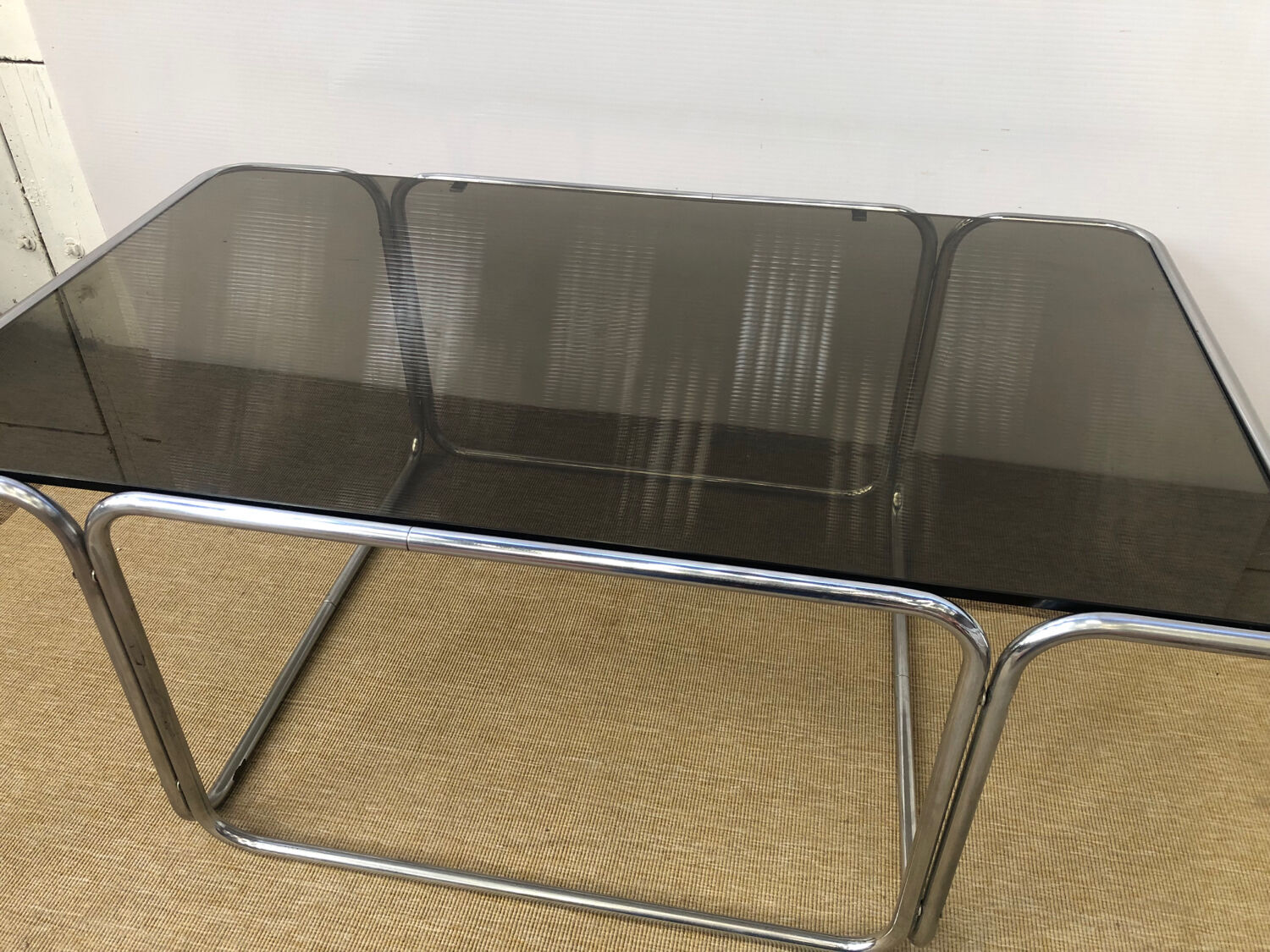 Coffee table in smoked glass and chrome 1970
