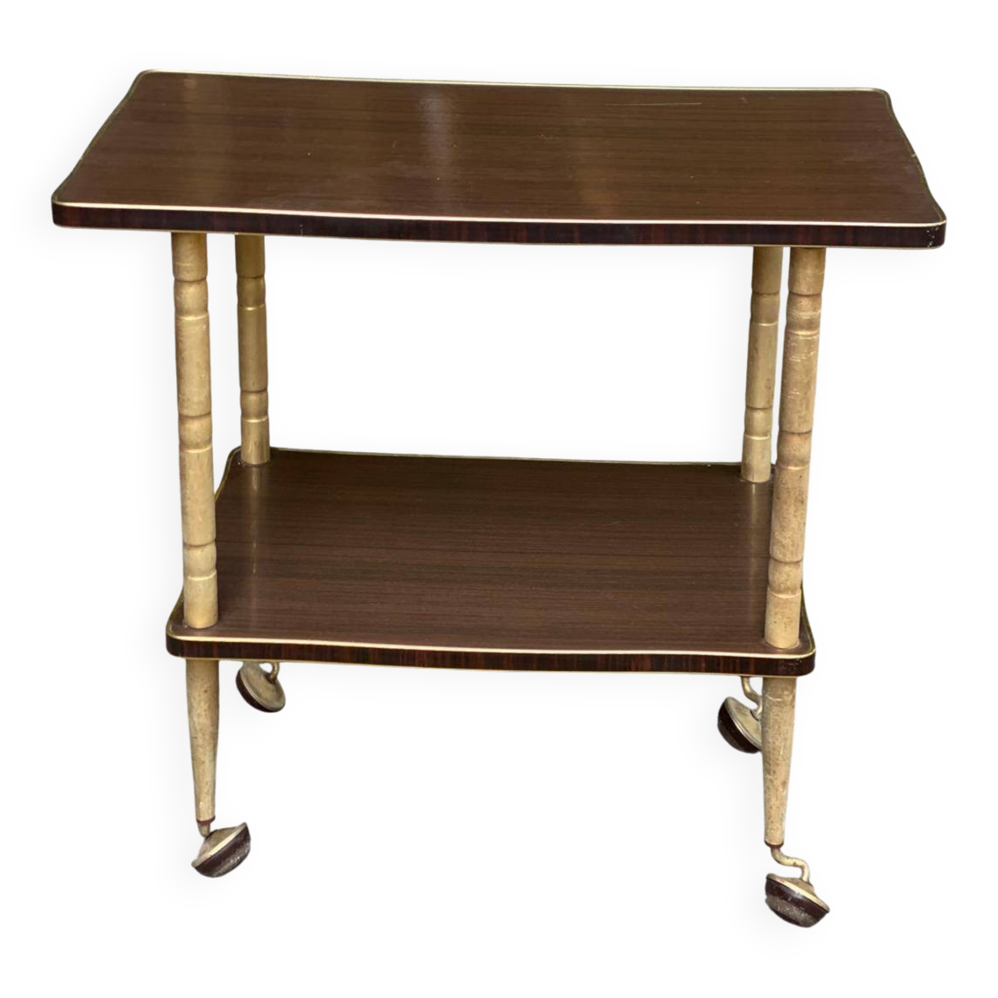 Double-tray rosewood serving trolley on gilded casters, 1970