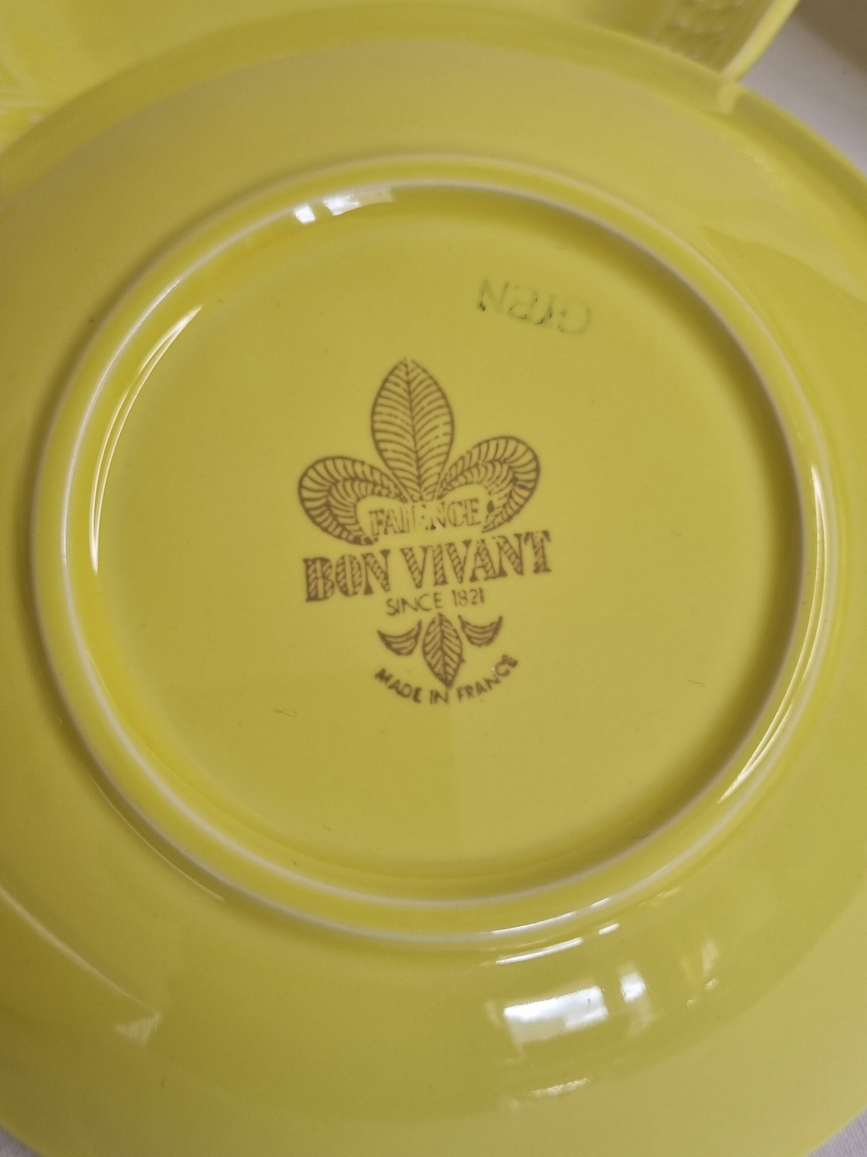 Set of six yellow soup plates with grains of rice, "Bon vivant", Gien, 21 cm