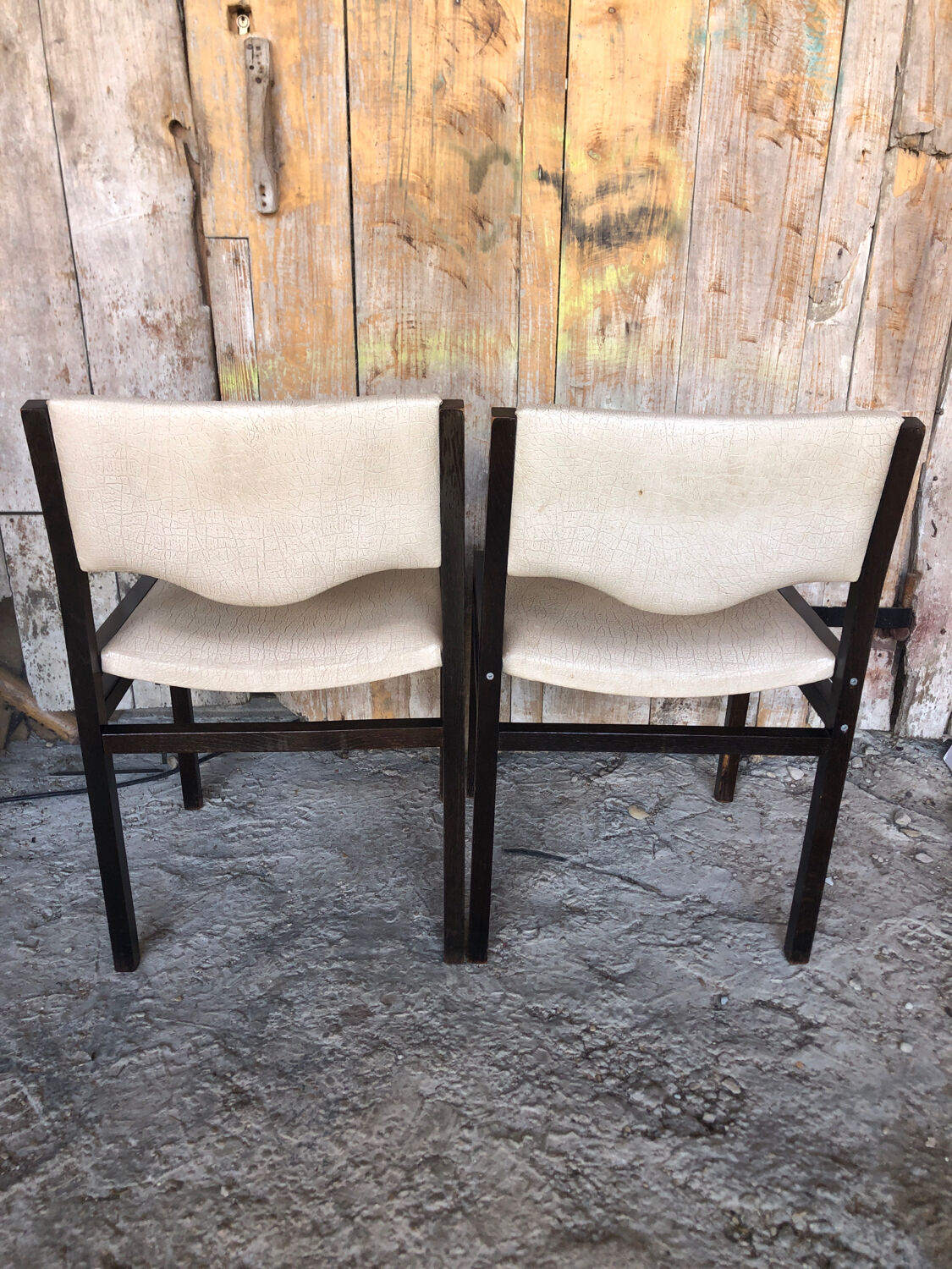 Pair of vintage cream wood & skai Scandinavian chairs