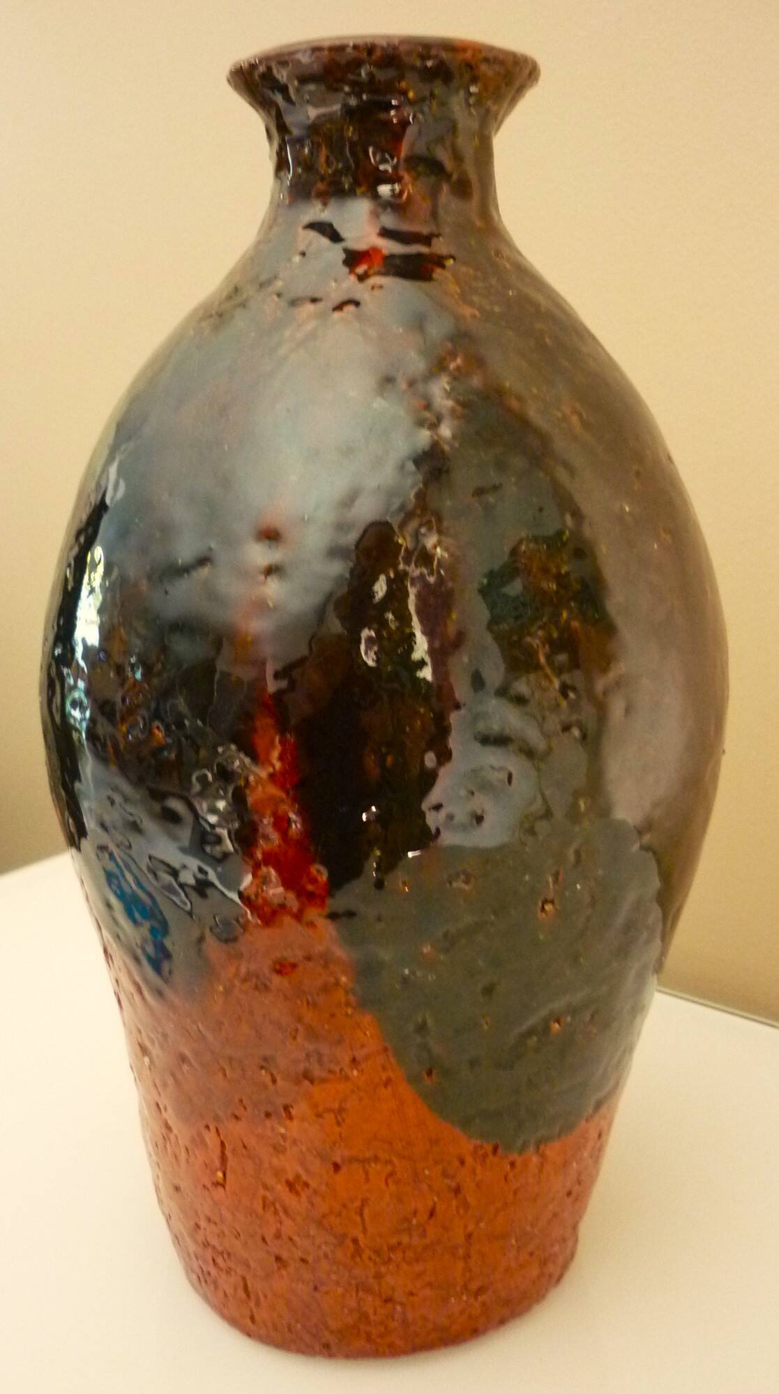 Ceramic vase, chamotte terracotta, enamelled, signature to be identified, vintage