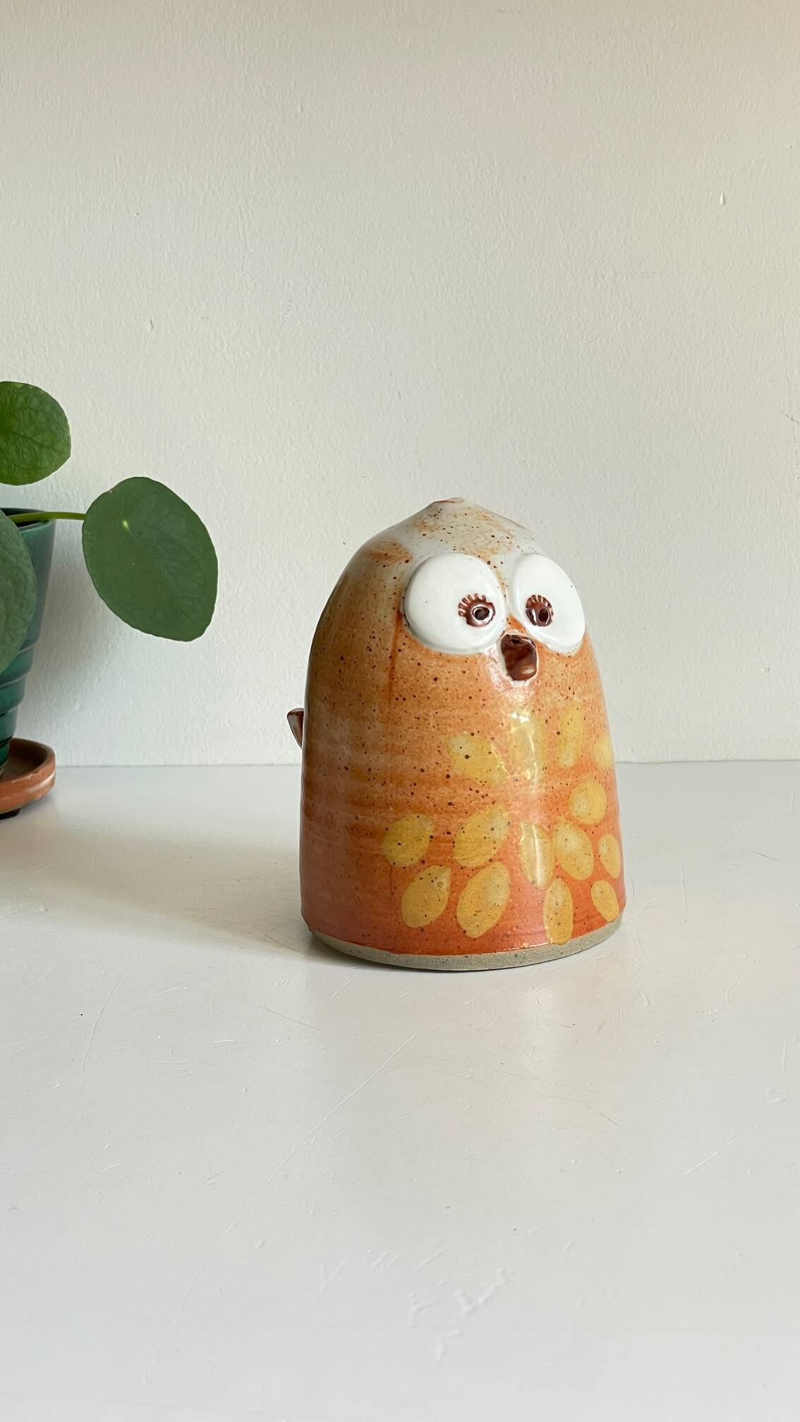 Vintage enameled stoneware owl money box