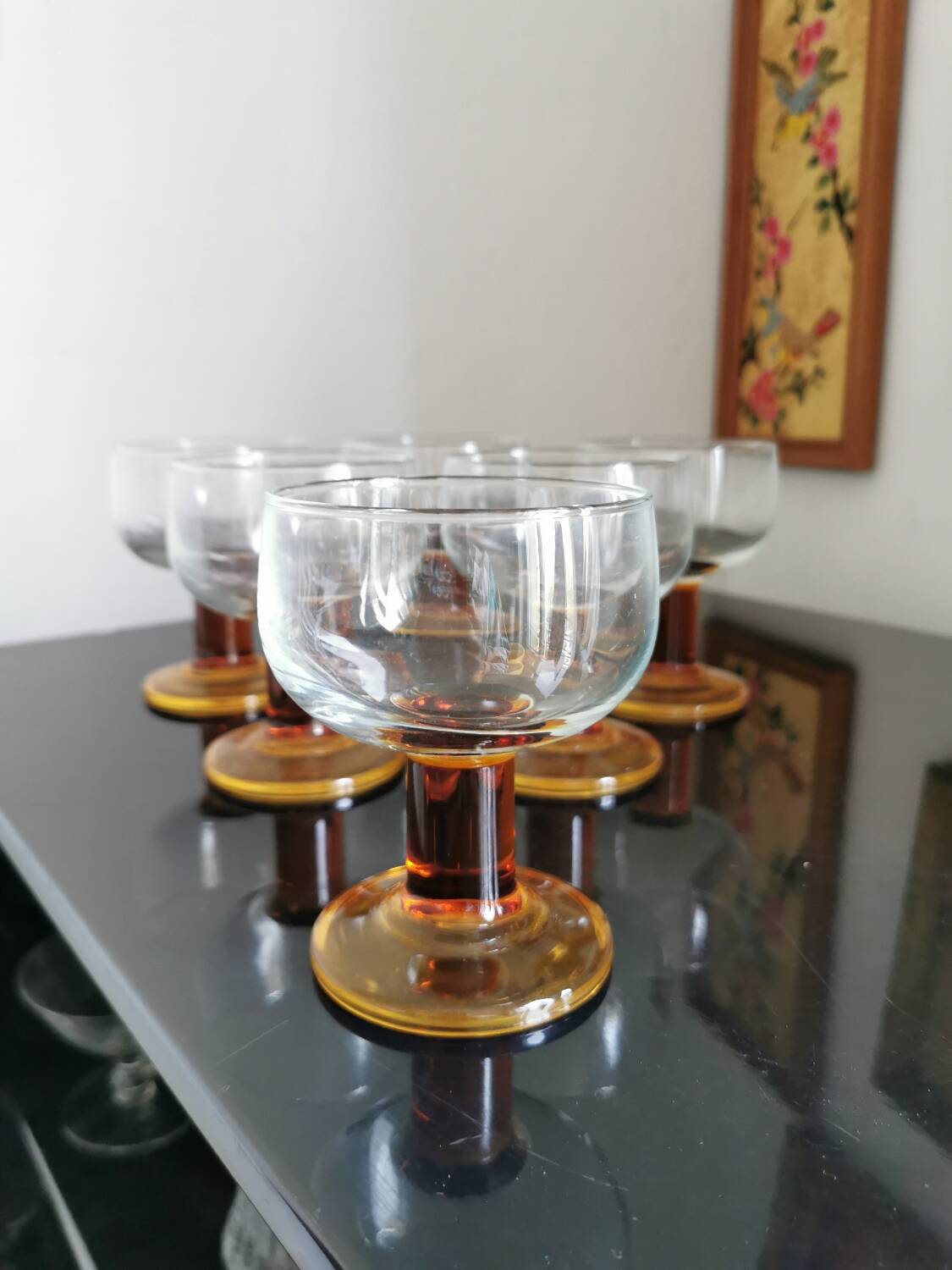 Set of 6 amber stemmed glasses