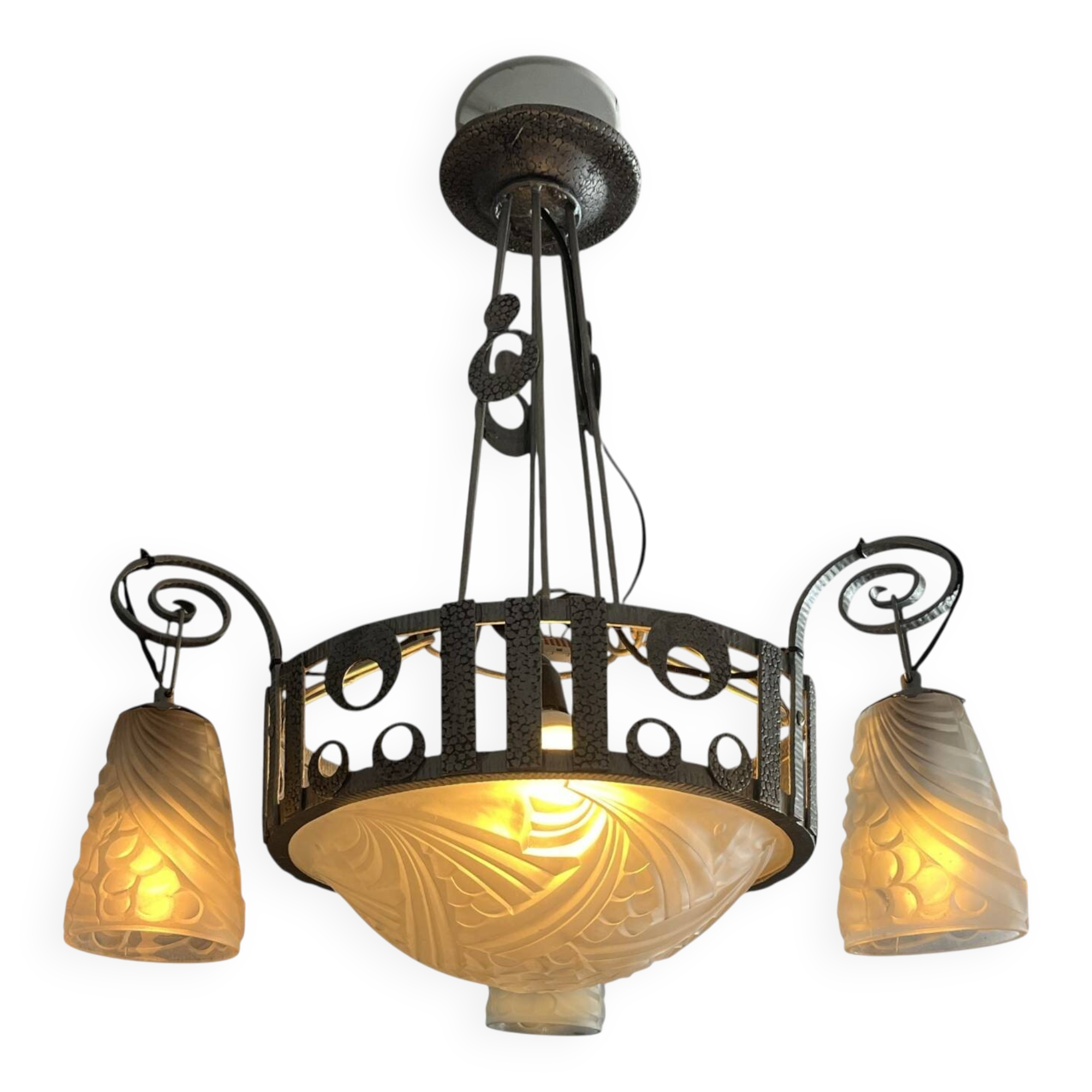Art Deco, 4-light chandelier, wrought iron, pressed glass, Dugué Negra, circa 1930.
