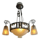 Art Deco, 4-light chandelier, wrought iron, pressed glass, Dugué Negra, circa 1930.