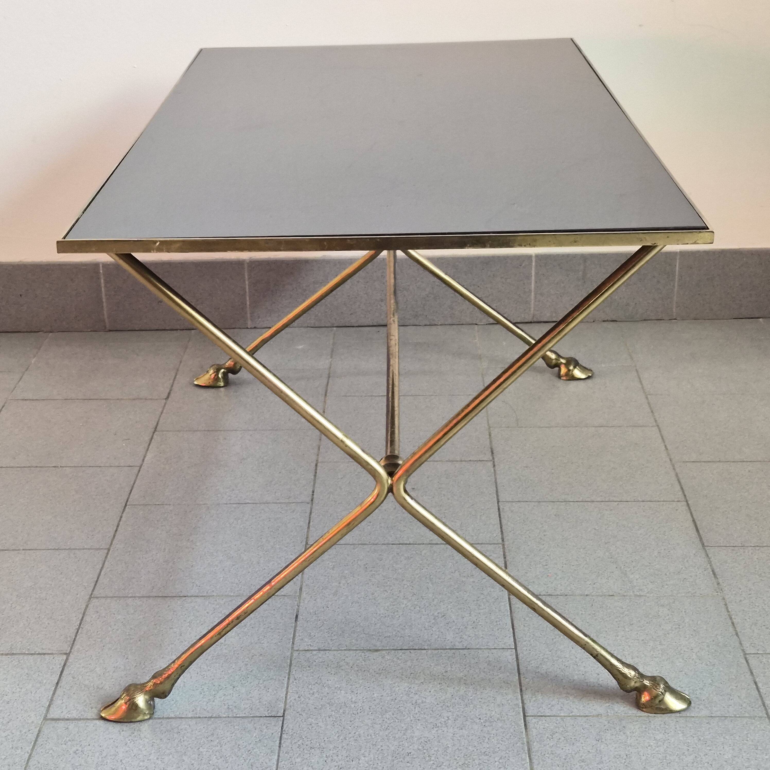 Vintage 1970 coffee table in bronze & glass with goat's foot legs 70s chic