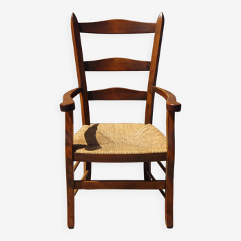 solid wood armchair, straw-covered seat