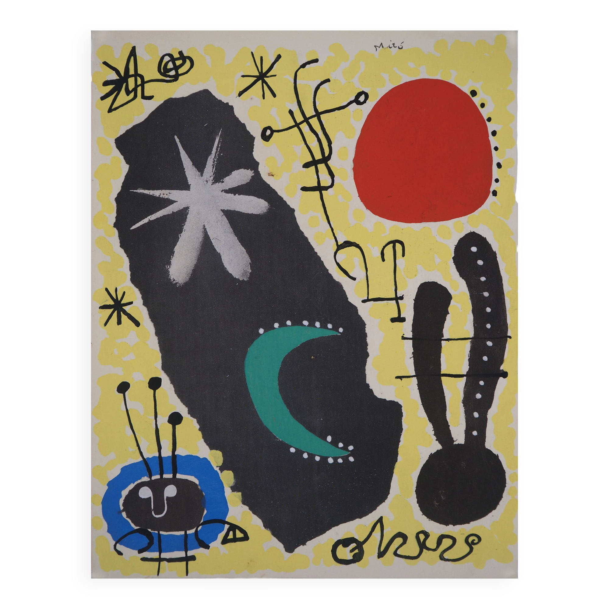 Joan miro : personnage surréaliste - pochoir original signé