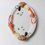 Assiette ovale en céramique blanche avec relief 3D de fruits de mer, design italien Siro, vintage des années 1980, 48 x 32 cm.