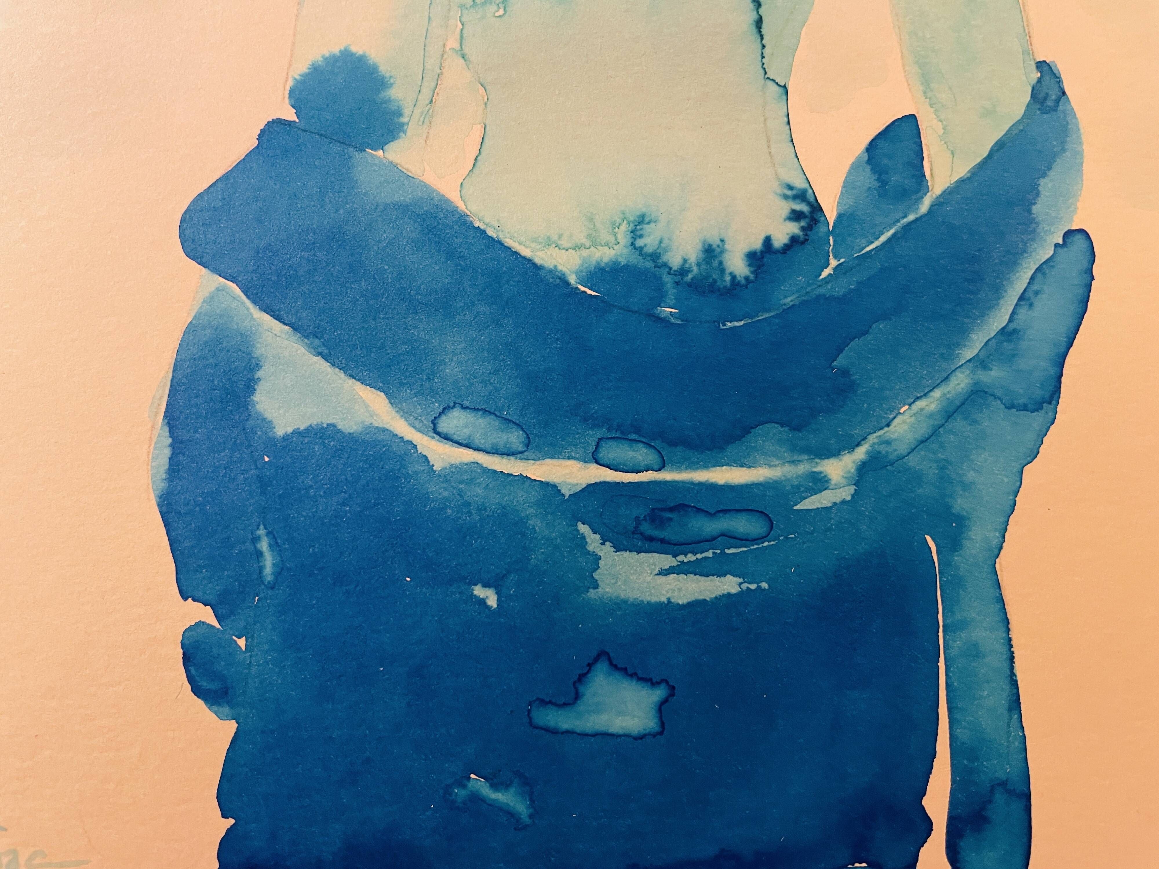 Signed monochrome blue painting of a female portrait "Weekend in Capri" Italy