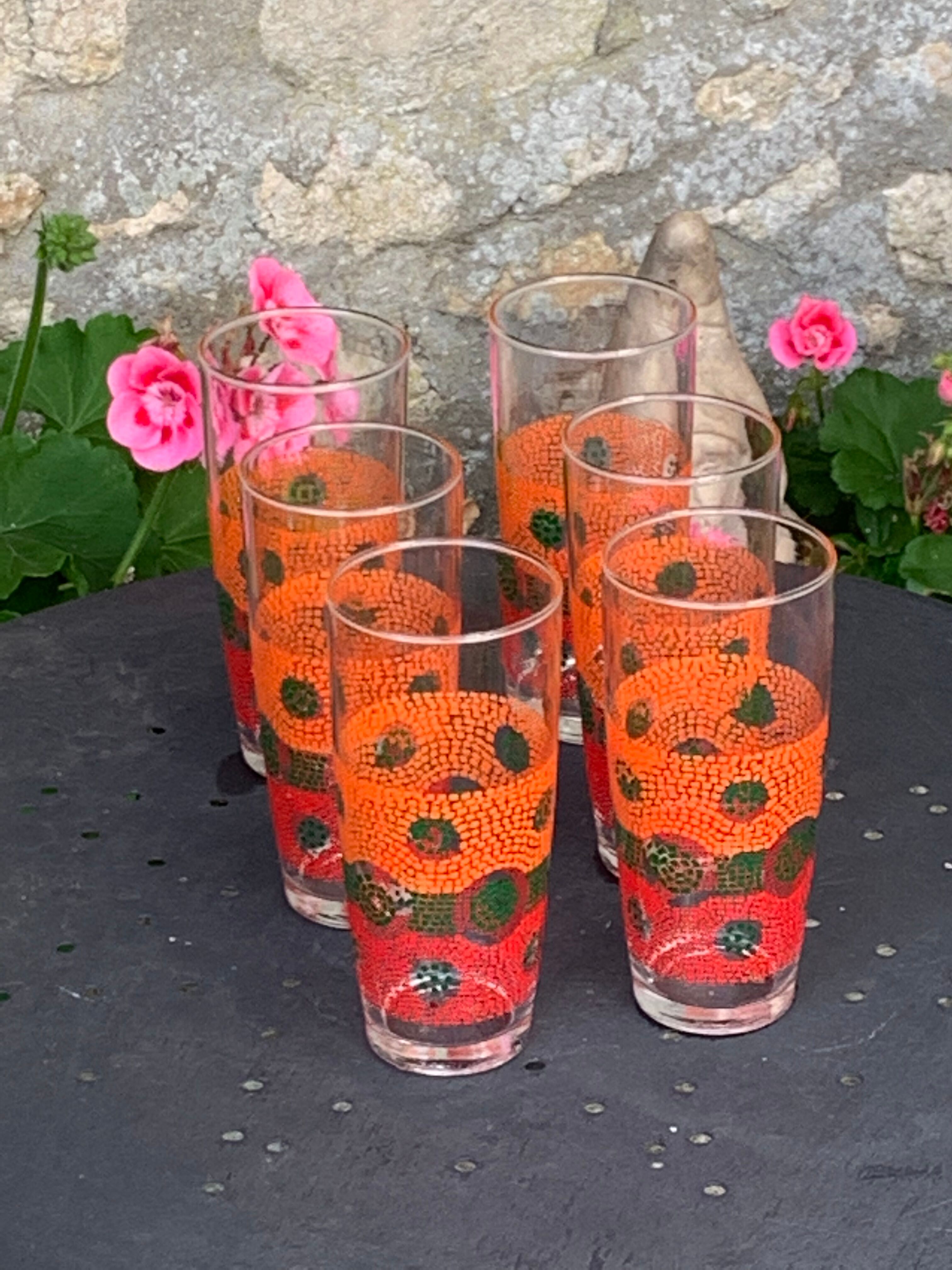 6 glasses to orangeade mosaic orange and green vintage 1970