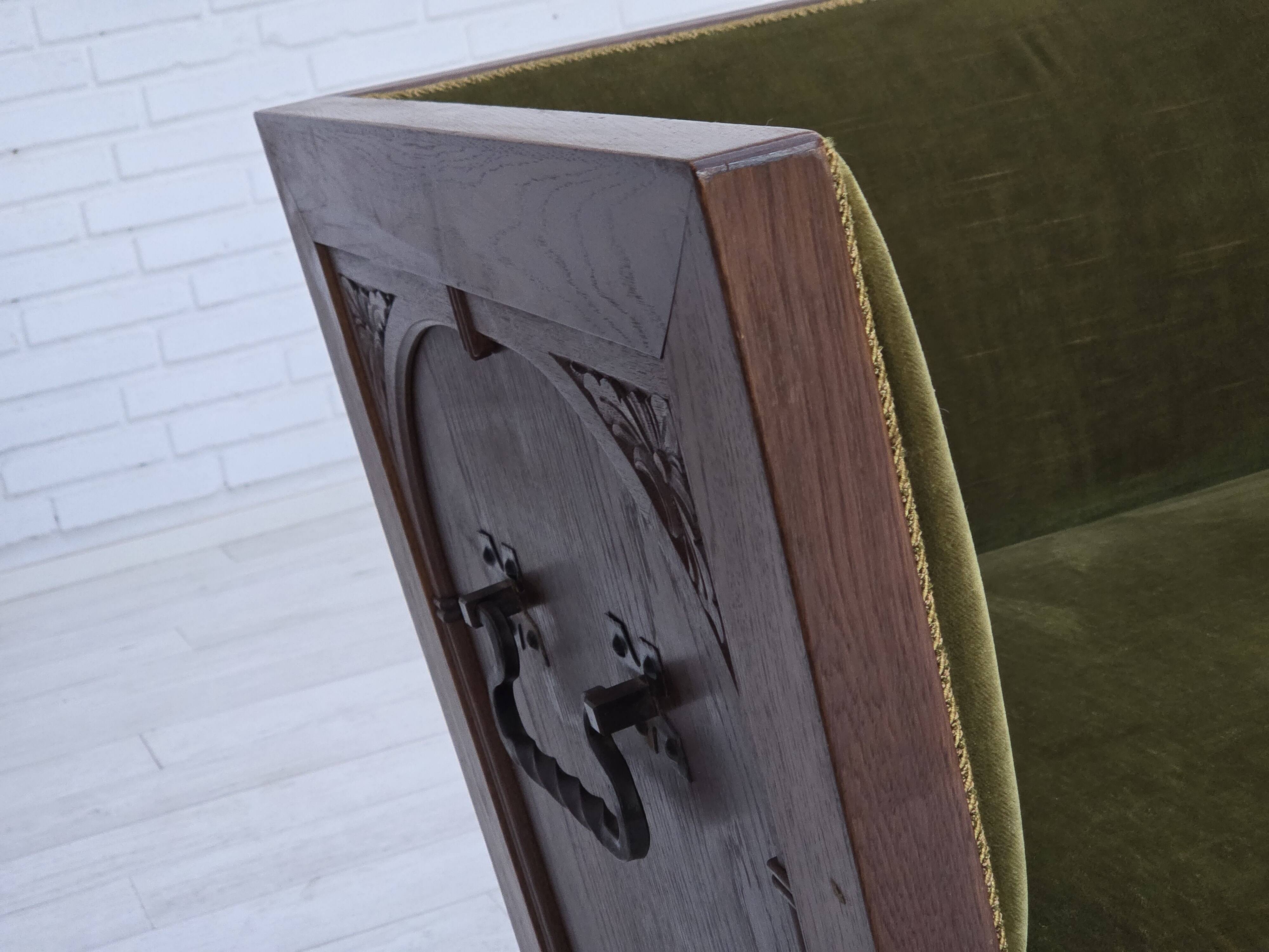 1950s, Danish 2-seater sofa, original green furniture velour, oak wood.