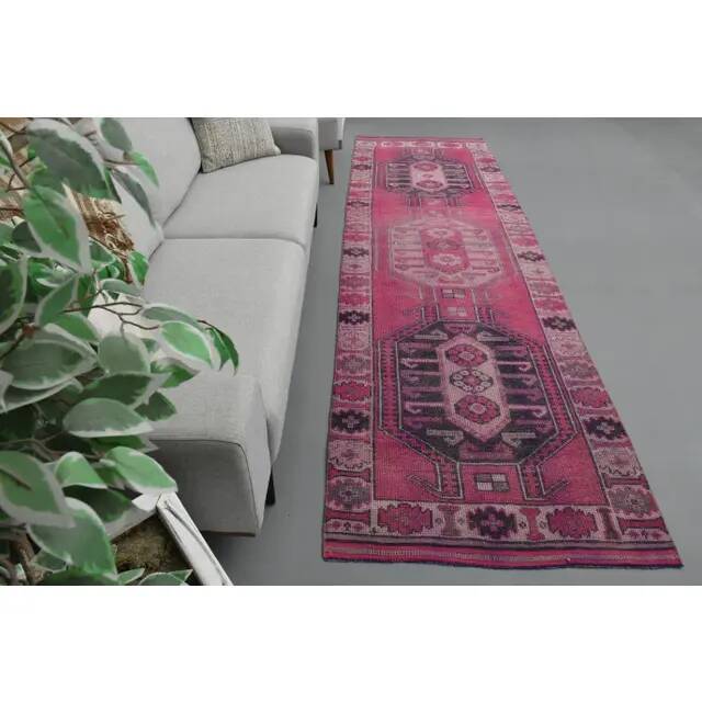 Vintage Turkish Hand-Knotted Wool Cotton Pink Runner Rug 104x351