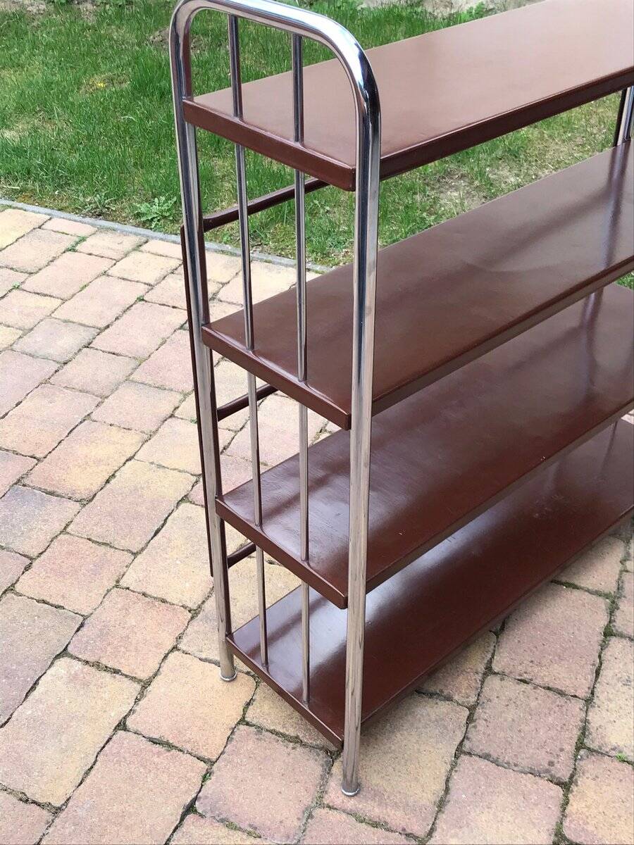 Brown metal Bauhaus industrial bookshelf, 4 shelves, 1920s Czech Republic