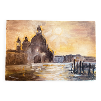Signed painting oil on canvas landscape Venice "Santa Maria" sunset