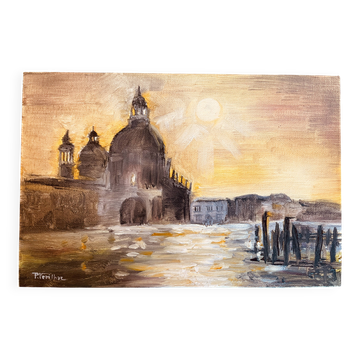 Tableau signé huile sur toile paysage Venise « Santa Maria » coucher soleil