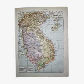 Gravure • Carte de l'Indo-Chine française • Lithographie originale de 1898