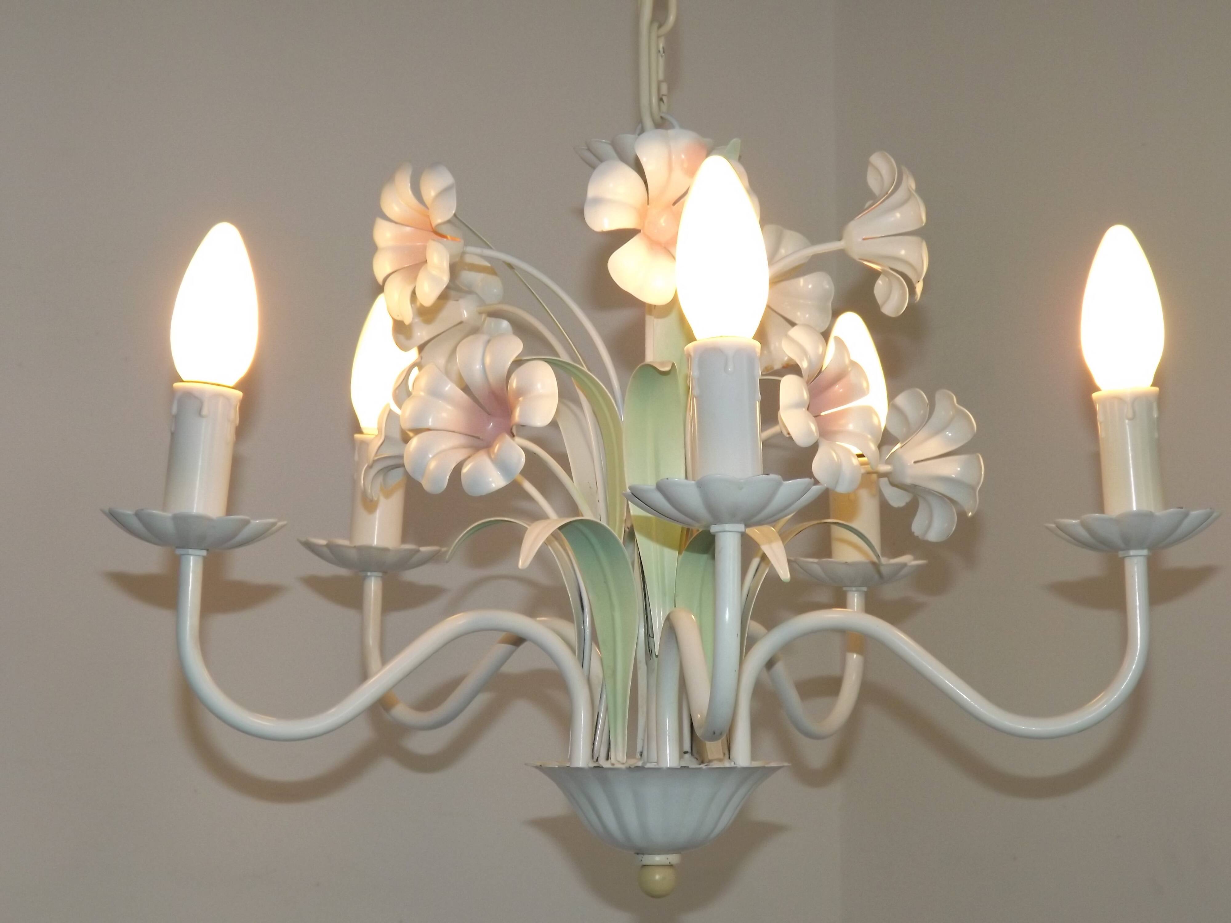 French Vintage 5 Light White Metal Chandelier With Pretty Pink Flowers