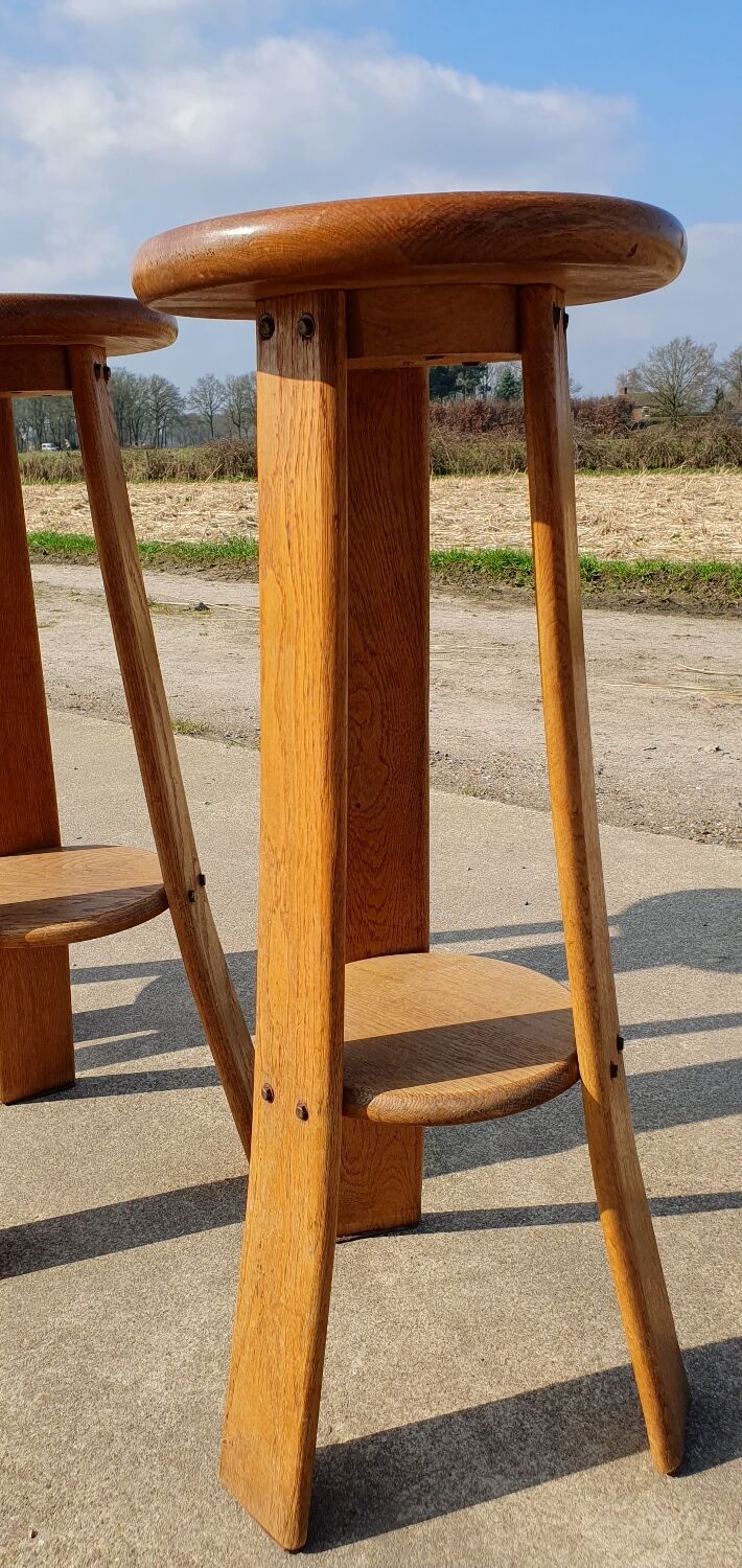 Set 4 Vintage brutalist tripod oak bar stools