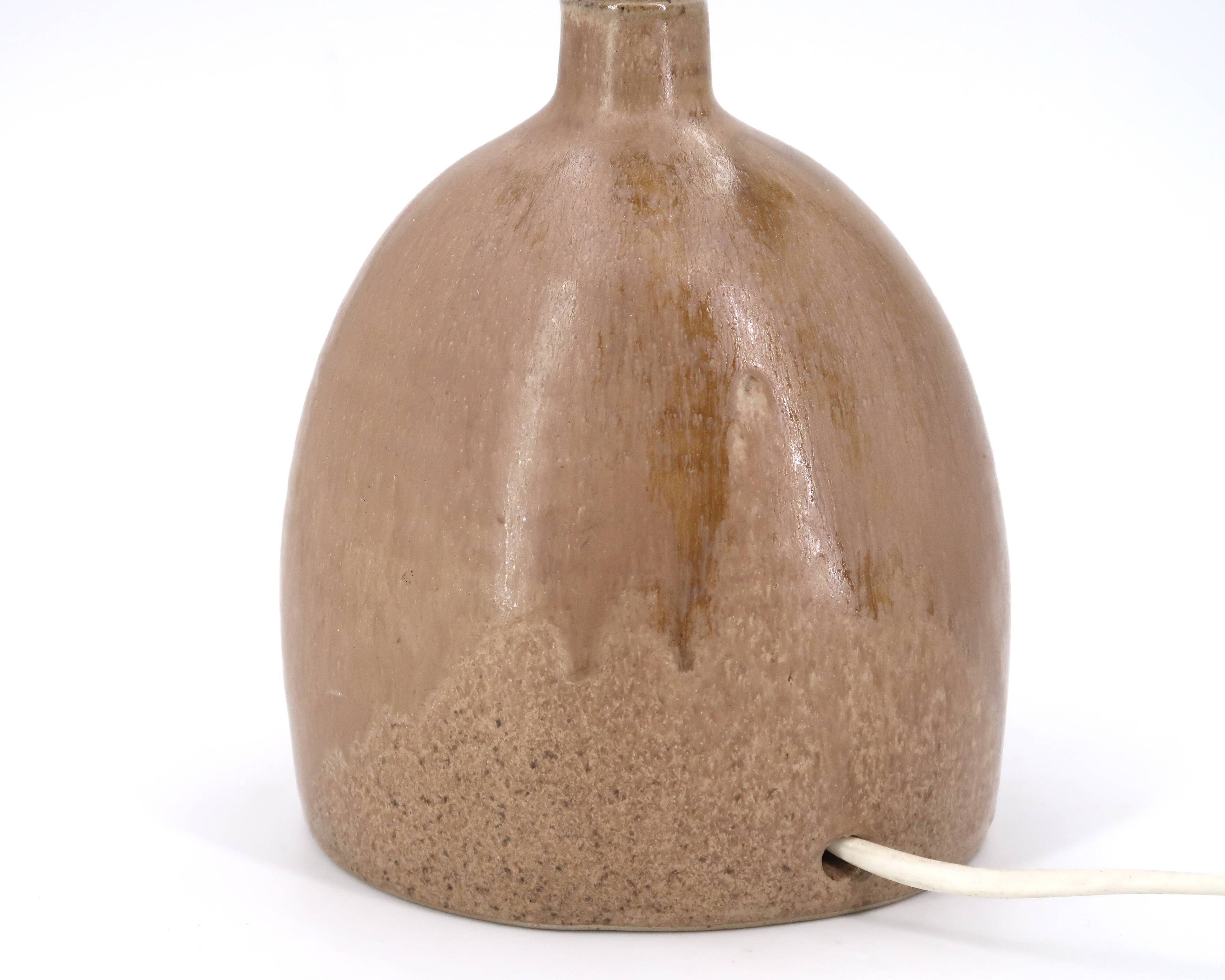 Handcrafted brown ceramic lamp, raffia lampshade, 70s
