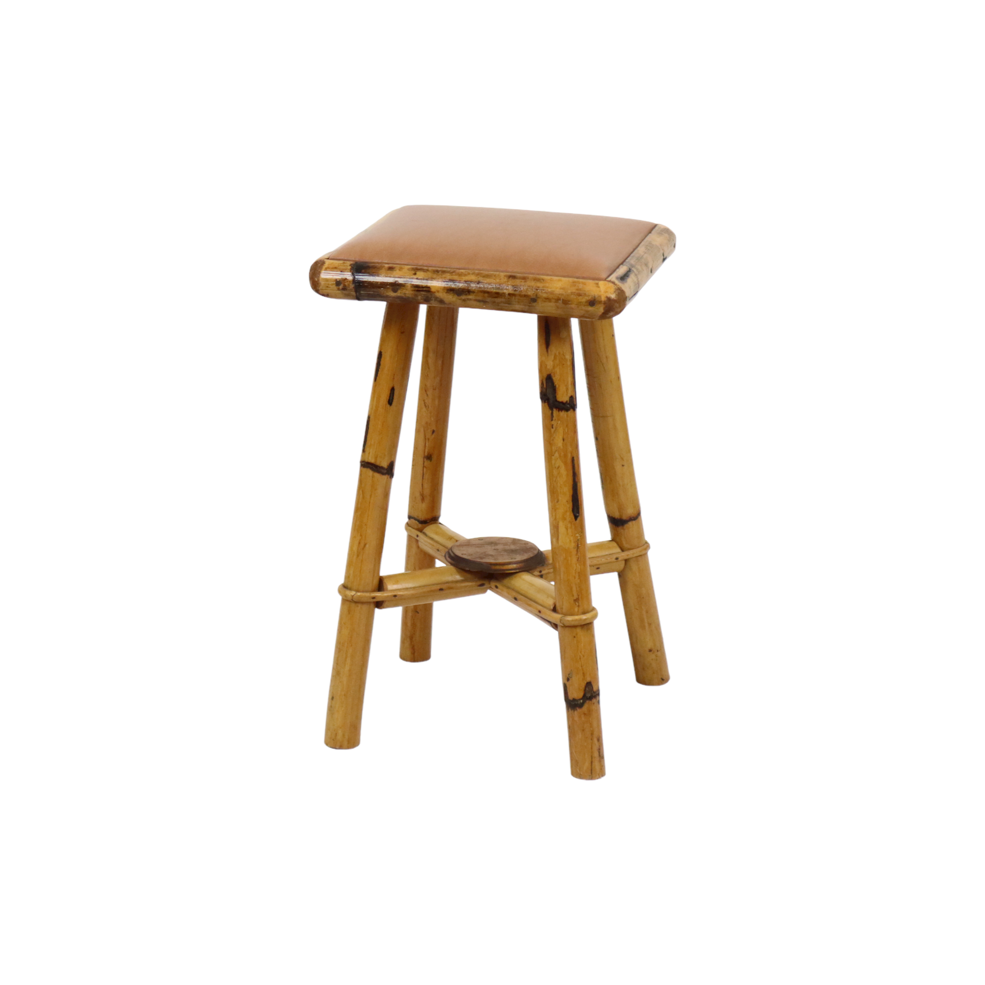 Vintage stool bamboo wood skai leather wooden tabuuret 49cm