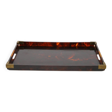 Vintage service tray in acrylic imitation tortoiseshell and brass, Italy