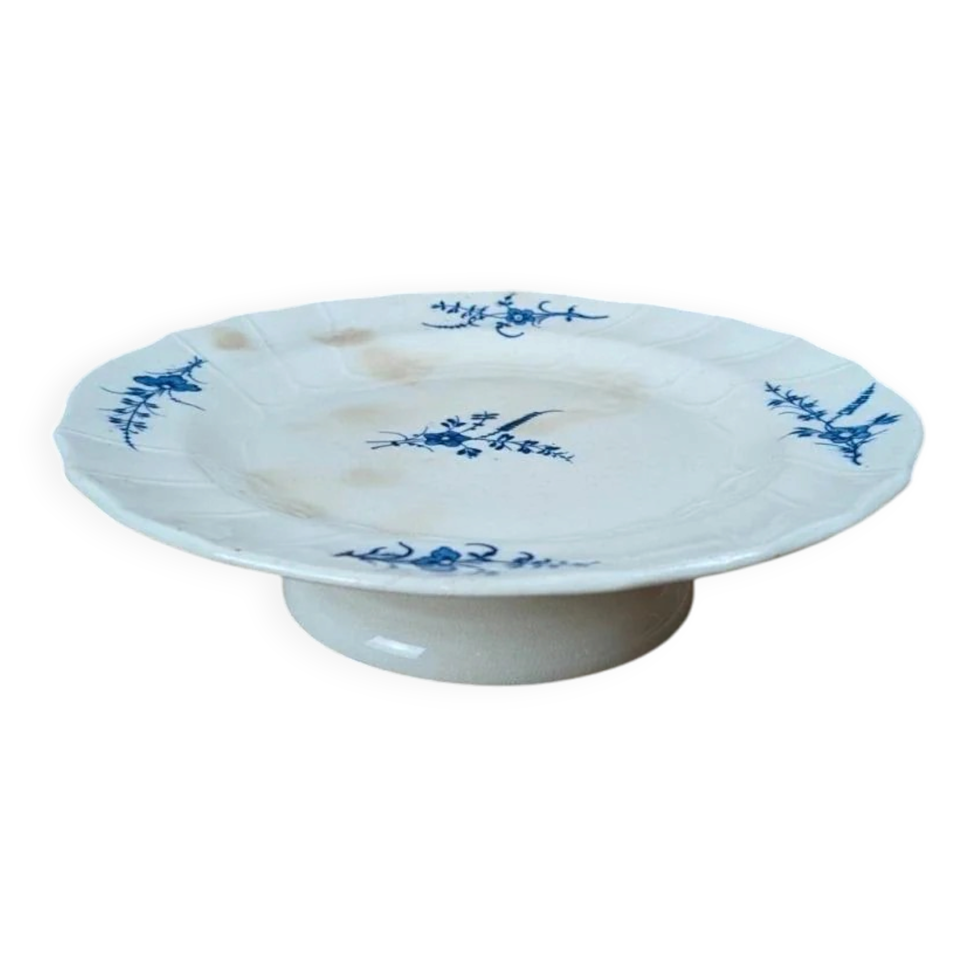 Compotier ancien en faïence anglaise Cauldon – décor bleu Chantilly