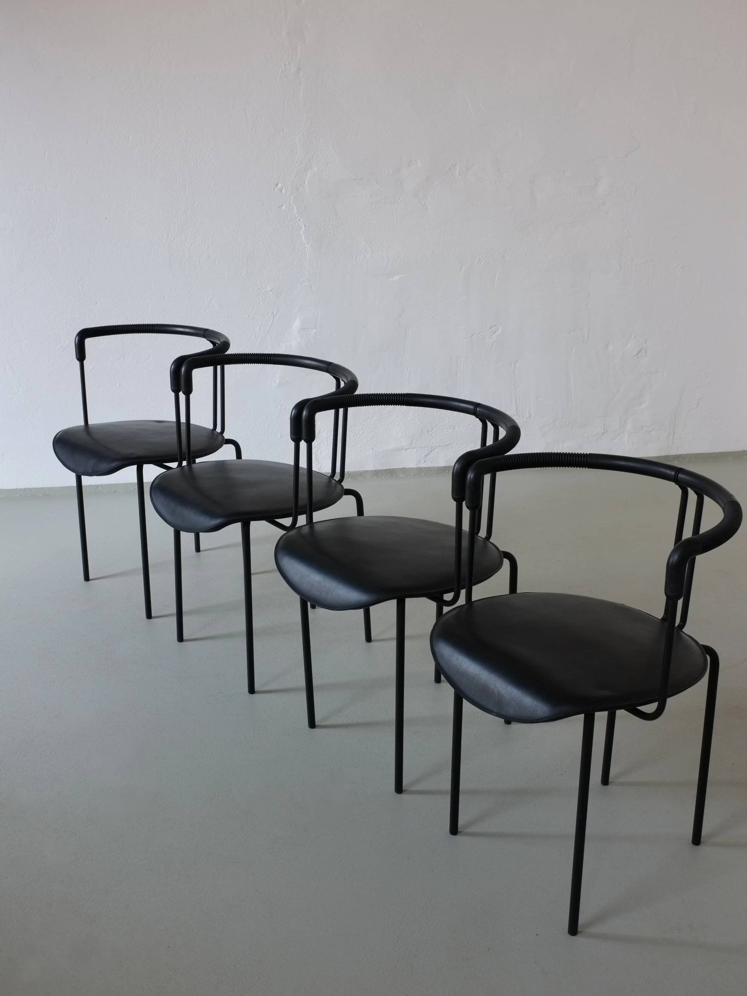 4 postmodern black leather armchairs from Cidue, Italy, 1990s