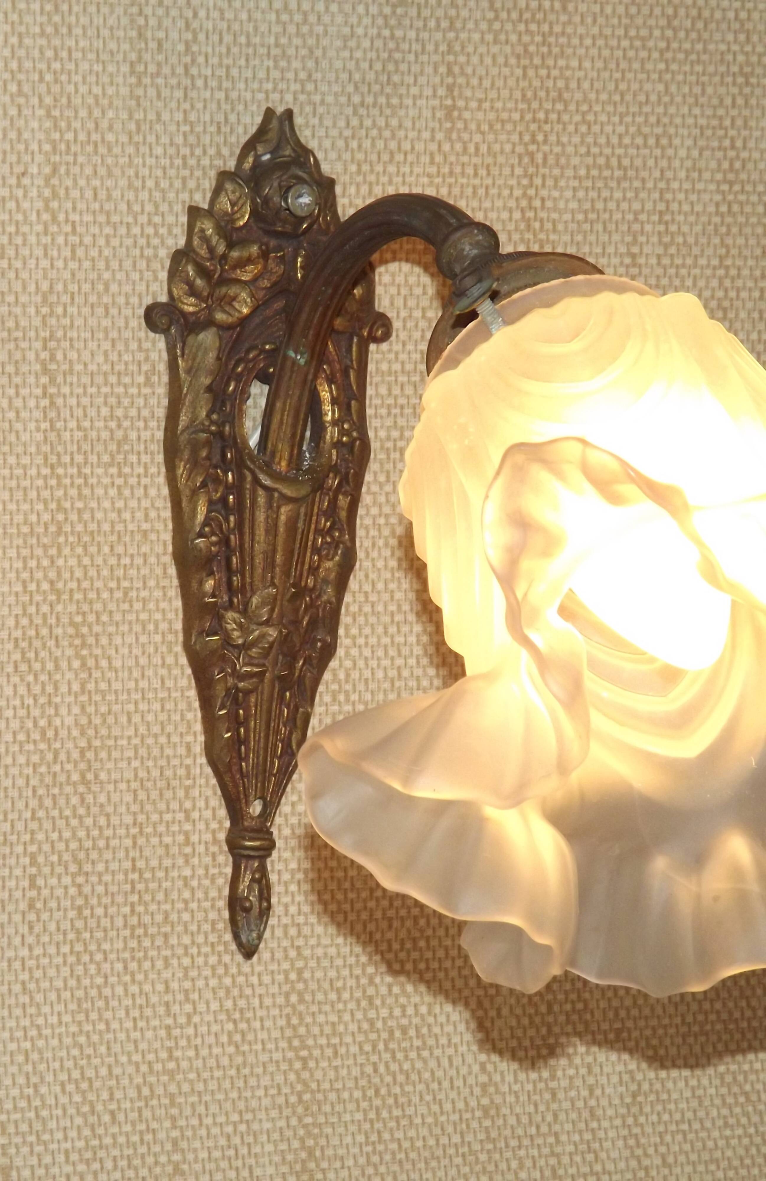 Single French Bronze Art Nouveau Wall Light with Flower Detail and White Glass Shade 4970