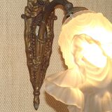 Single French Bronze Art Nouveau Wall Light with Flower Detail and White Glass Shade 4970