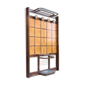 Art Deco coat rack in wood with umbrella stand and hat shelf, 1930s.