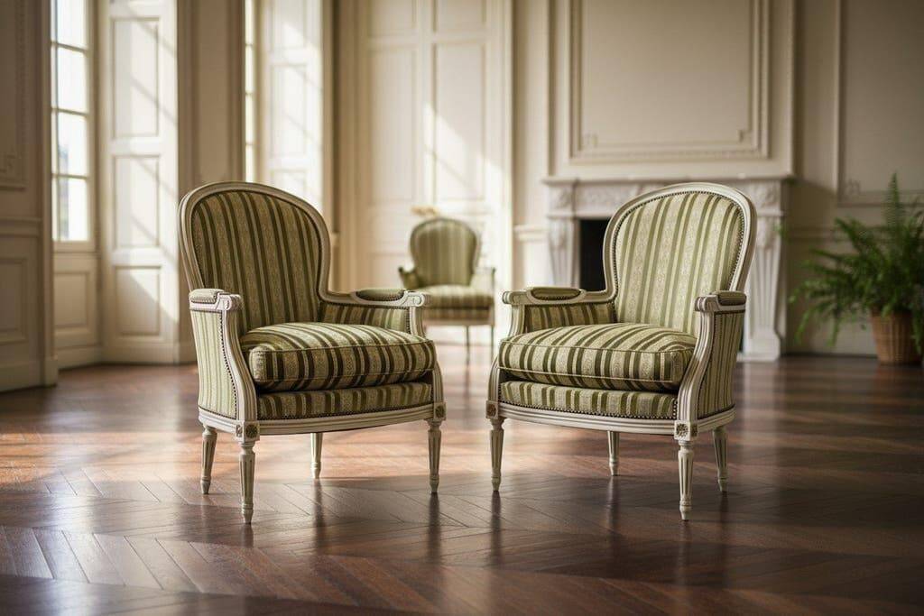 Set of 2 vintage striped baroque armchairs / individual chairs