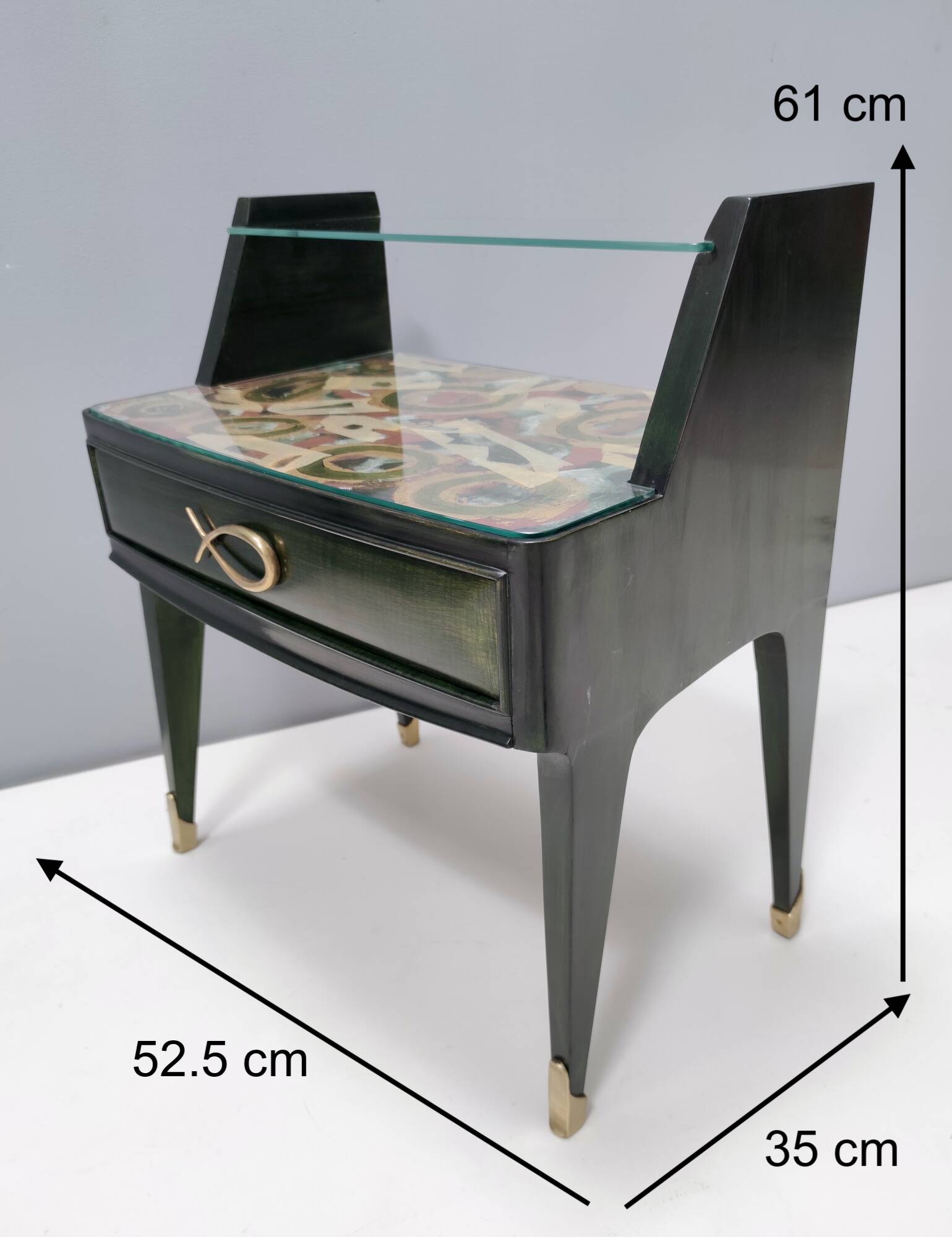 Pair of Dark Green Wooden Nightstands in 1950s Style with a Decorated Top,