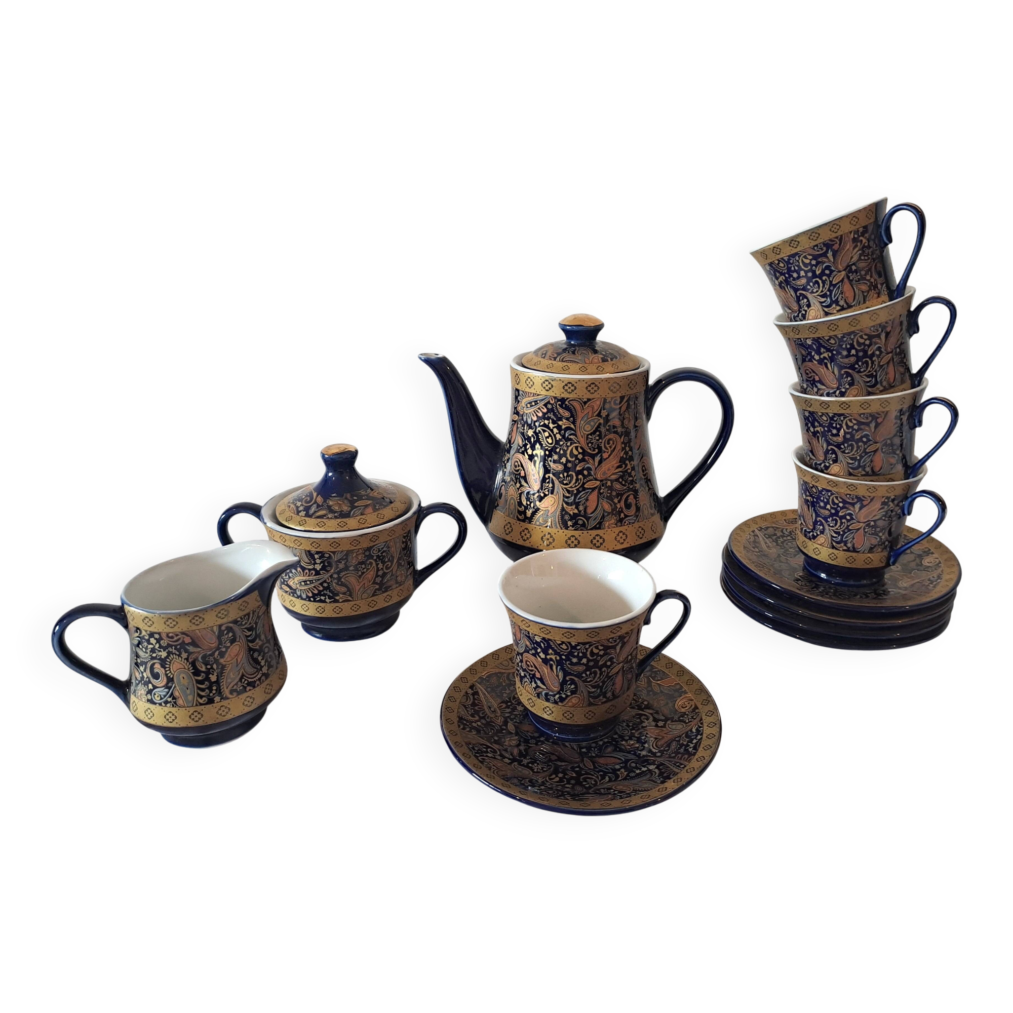 Service à café vintage D&S France – porcelaine bleue et or – 13 pièces