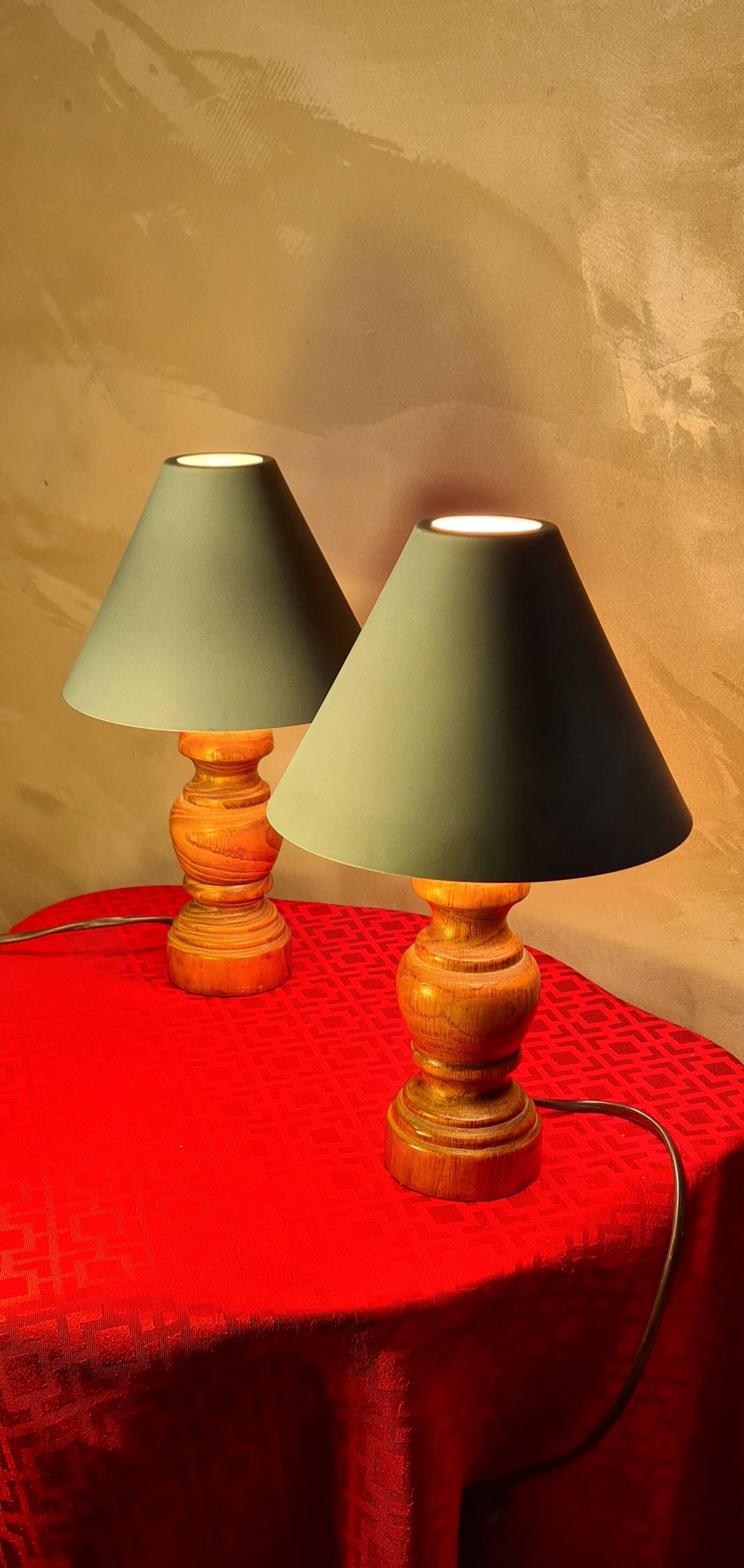 Pair of wooden bedside lamps with steel lampshades, scandinavian