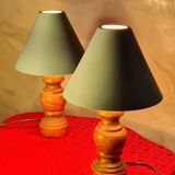 Pair of wooden bedside lamps with steel lampshades, scandinavian