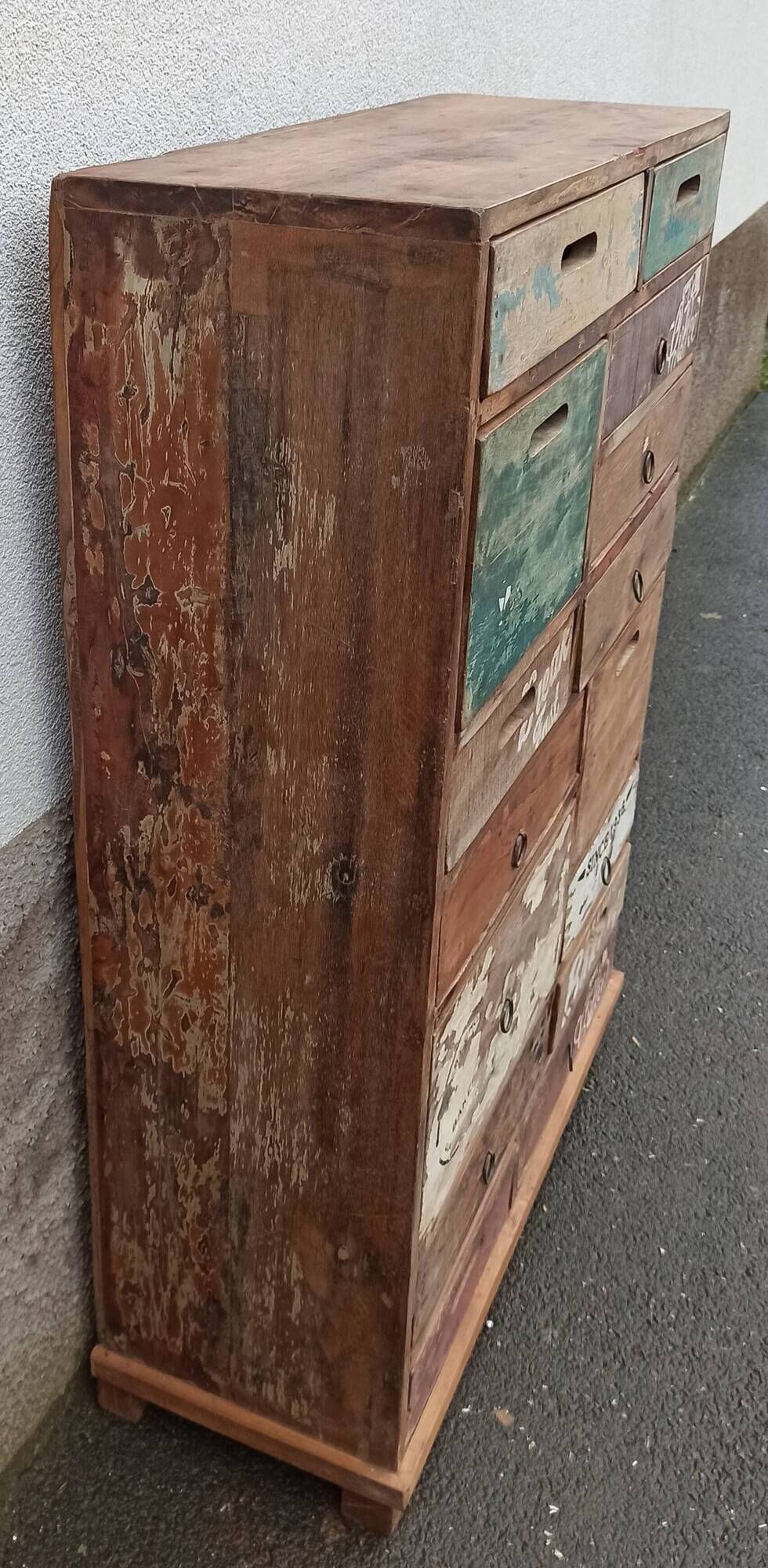 Original wooden chest of drawers with 15 mismatched drawers