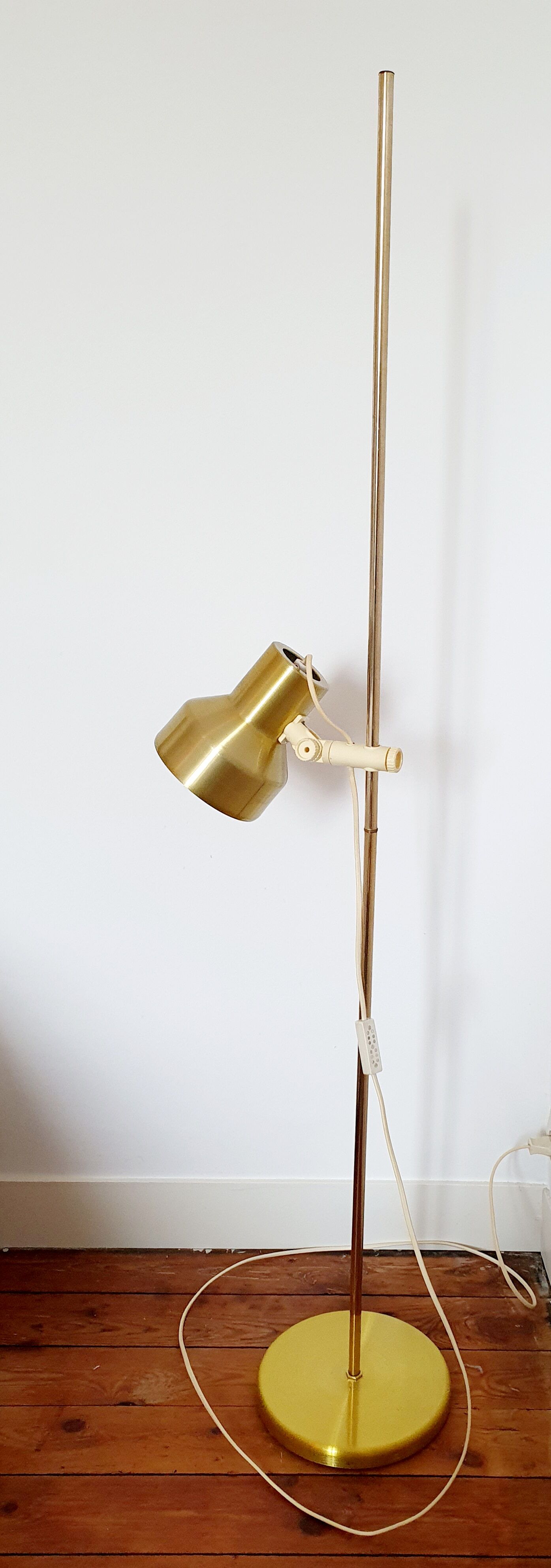 Golden Scandinavian floor lamp, 70s
