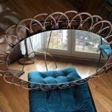 Vintage sun mirror in 60s rattan with rattan fastener 57x40cm