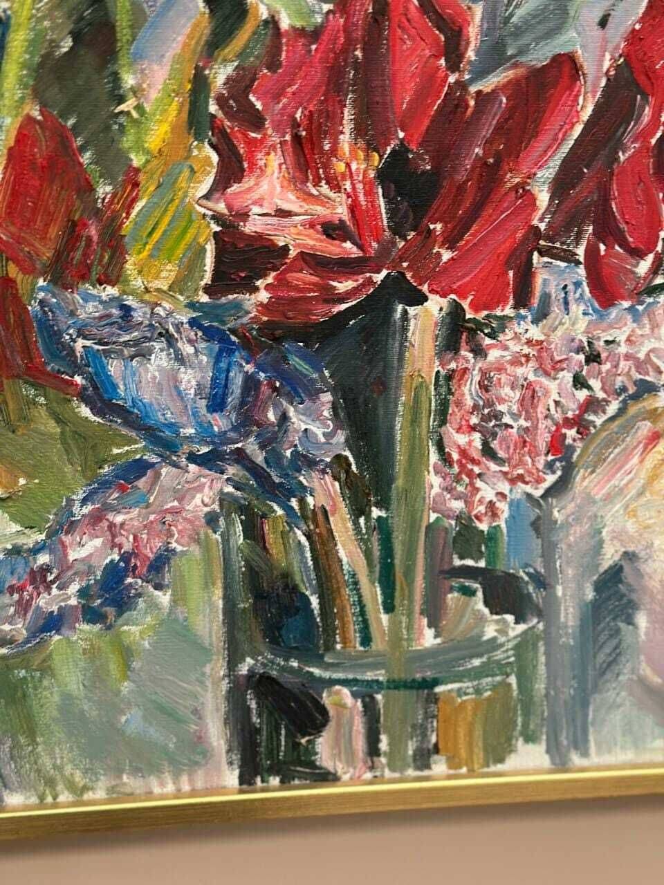 Original Swedish Oil On Canvas – “Amaryllis And Hyacinths” By Harry Thomander – Vintage & Framed – 64 × 65 Cm (25.2" × 25.6")