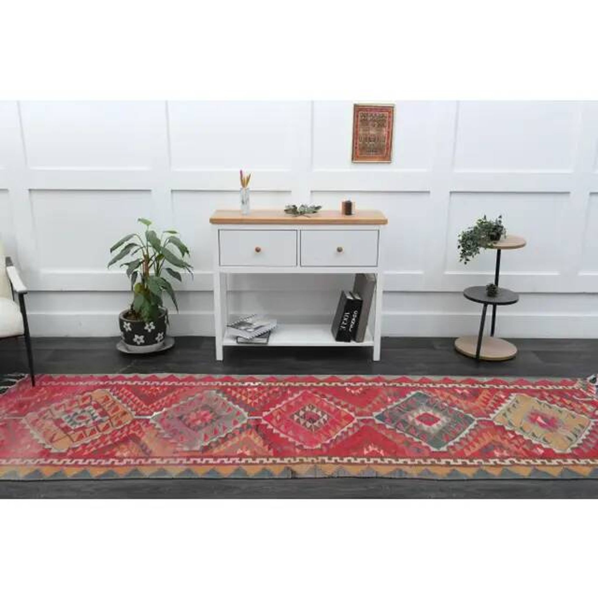 1970s Vintage Turkish Oushak Handmade Wool Cotton Pink Runner Rug 100x322