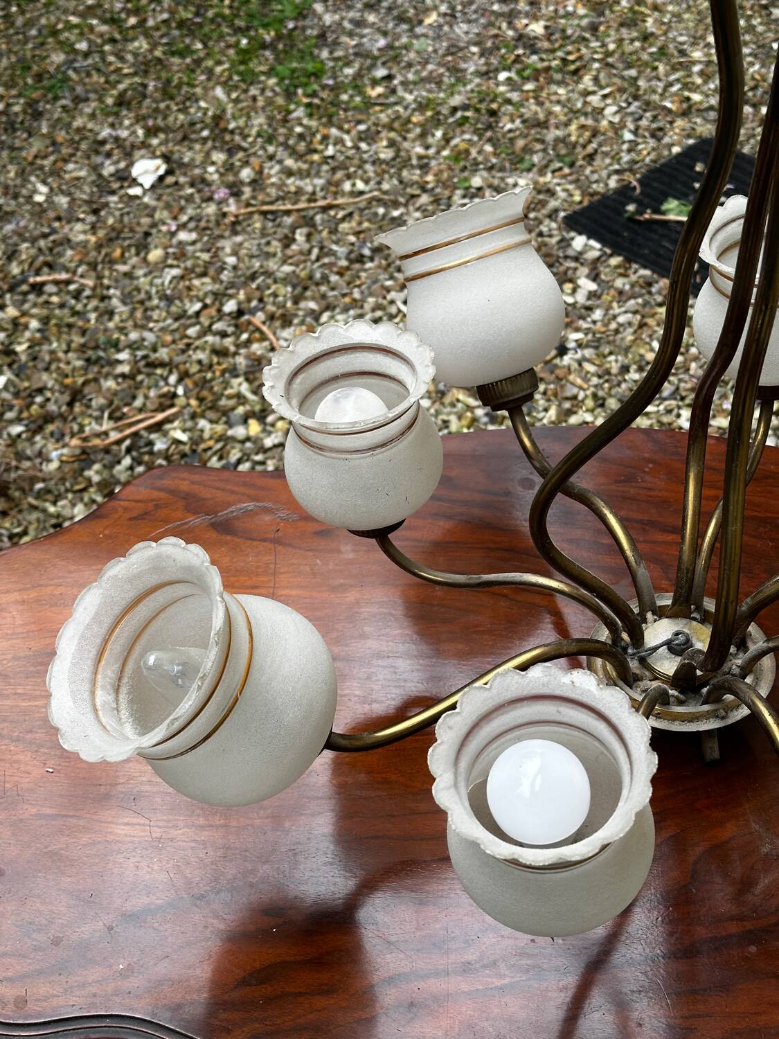 Vintage Lustre Brass and Frosted Glass with White and Gold Large Grains 8 Lights