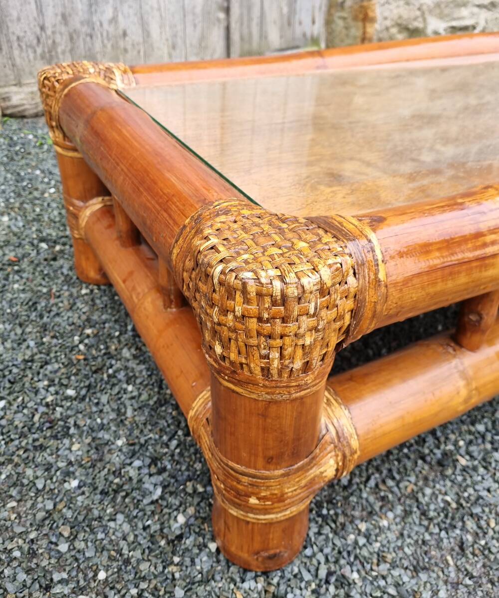 Bamboo, rattan and glass coffee table, 80s