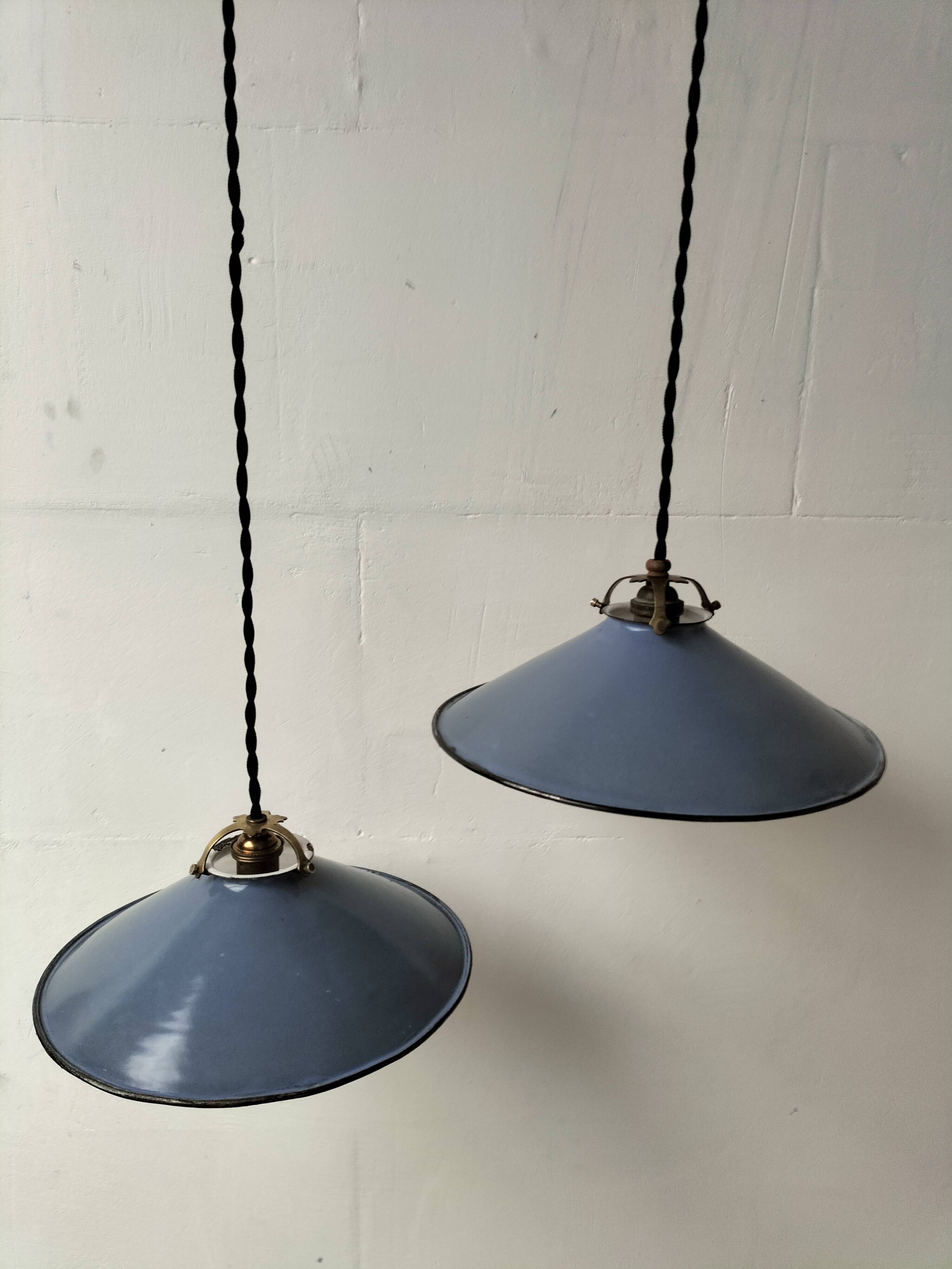 Pair of blue enameled sheet metal pendant lights