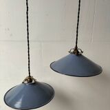 Pair of blue enameled sheet metal pendant lights
