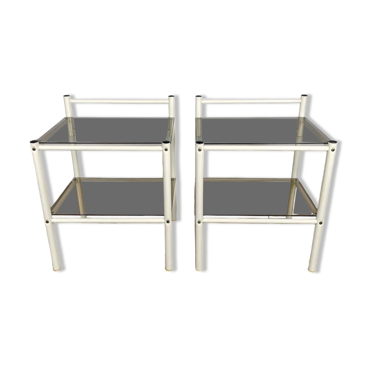 Pair of metal bedside tables and double smoked glass top from the 80s