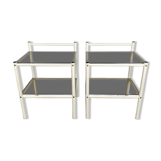 Pair of metal bedside tables and double smoked glass top from the 80s