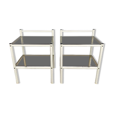 Paire de chevets métal et double plateau verre fumé années 80