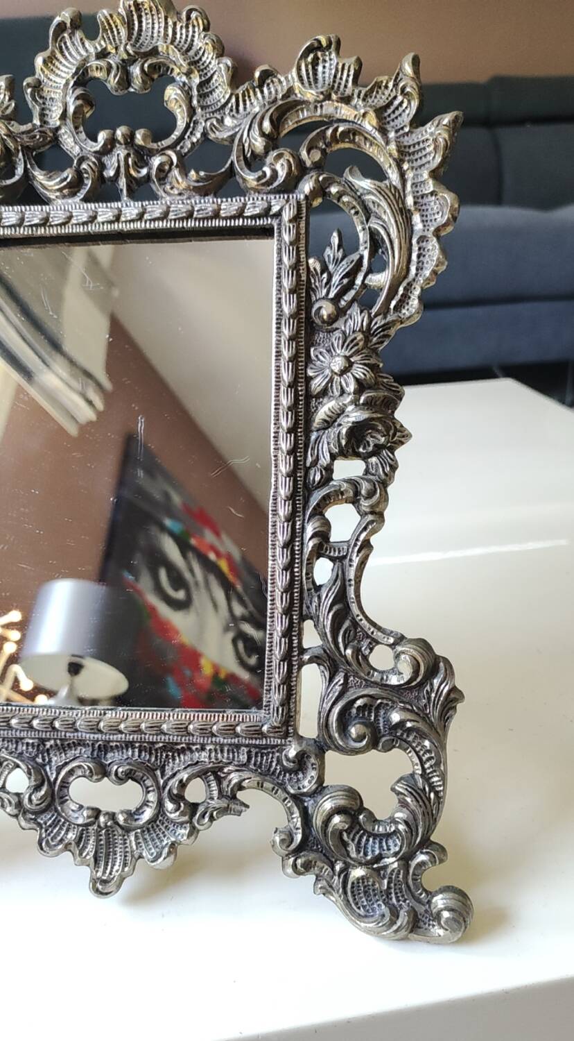 Antique/Rocaille/Louis XV Style Table Mirror. In silver-plated bronze