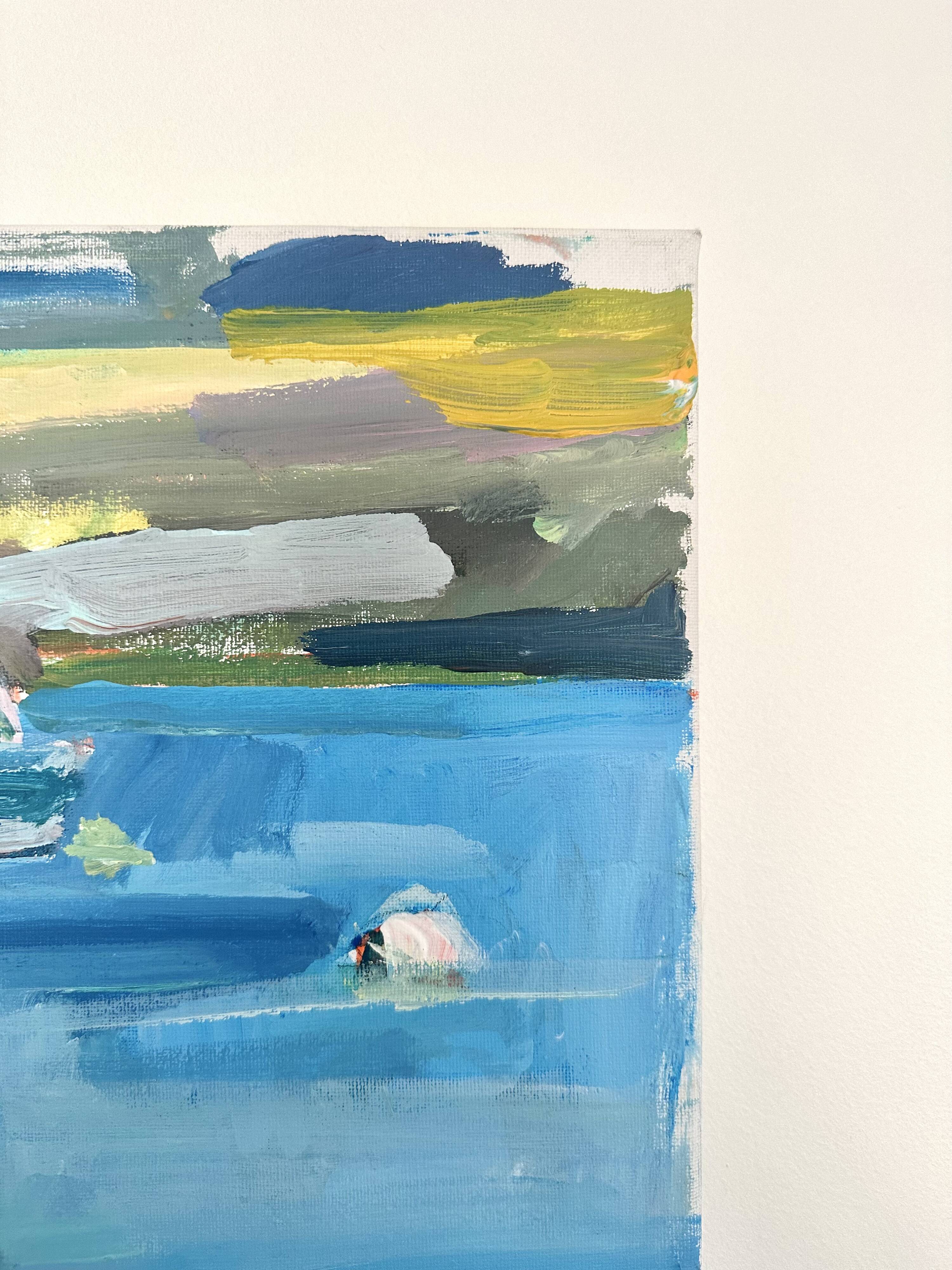 Oil on canvas signed, fishing port with colourful boats.